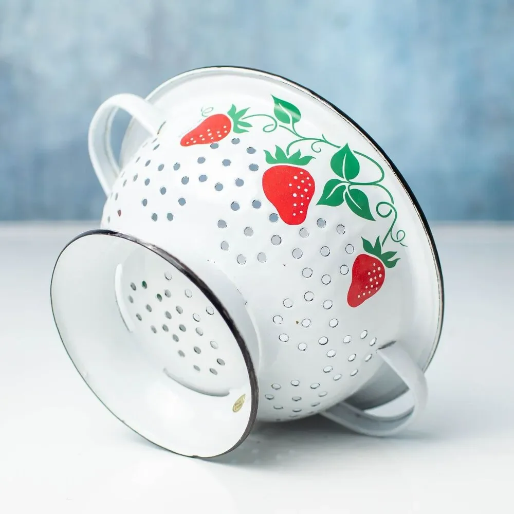 Vintage Enamelware Strawberry Colander Strainer White Red Footed Farmhouse